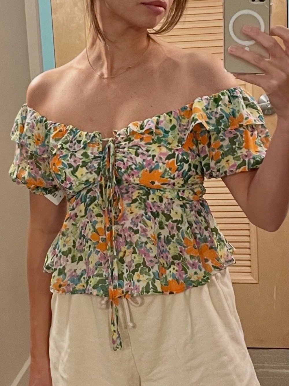 Astr The Label Floral Smocked Puff-Sleeve Top in Orange, Green & Purple